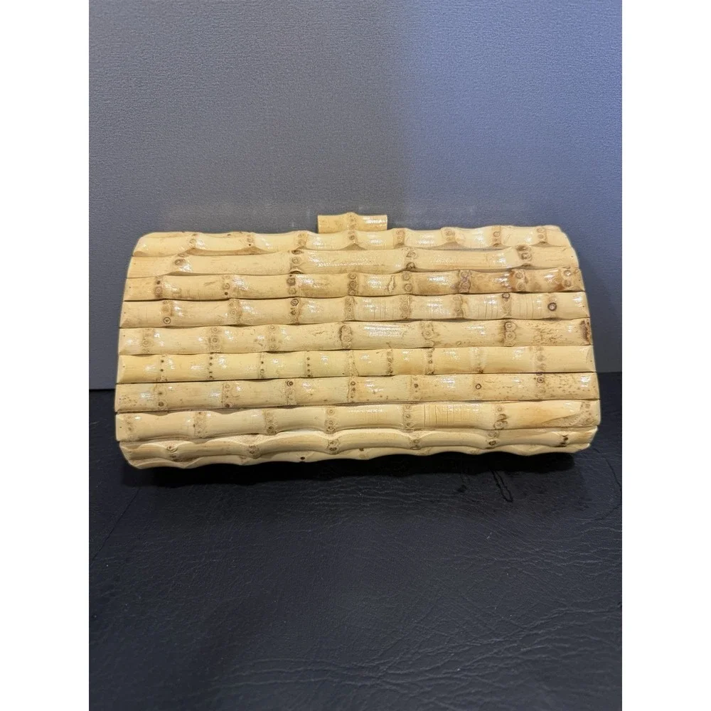 J. McLaughlin Woven Rattan Bamboo  Kendra Clutch Purse Natural Tan Handbag
